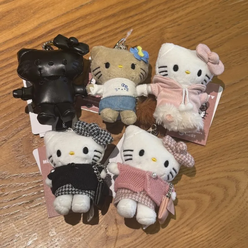 Novo me 6th colaboração 8cm preto kt brinquedo de pelúcia chaveiro senhora houndstooth rosa hoodie pele preta gatinho gato saco charme pingente