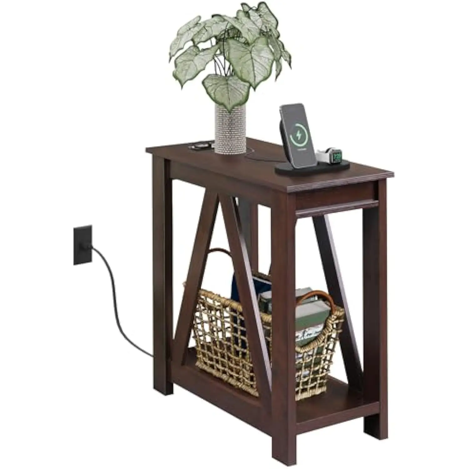 

Narrow End Table with Charging Station of Open Storage Shelf, Sofa Side Table with 2 USB Ports and 2 Power Outlets, Slim Farmhou
