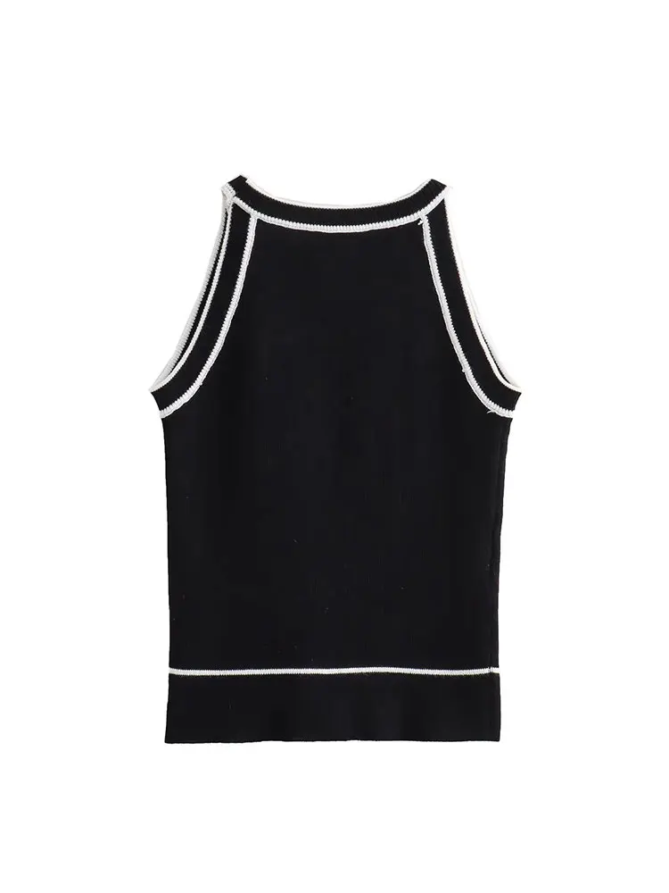 TRAF 2023 Autumn Contrast Knitted High Stretch Women Black Vest Sleeveless Skinny Tanks Female Halter Crop Top Y2K