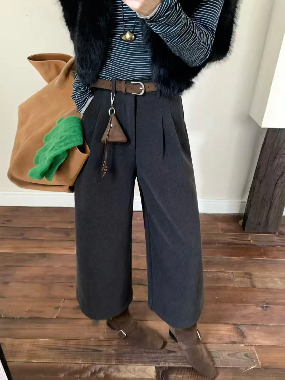 하이웨이스트 루즈핏 두꺼운 브라운 울 와이드 레그 팬츠 여성 가을 겨울 신상 스트레이트 컷 슬리밍 7부 바지