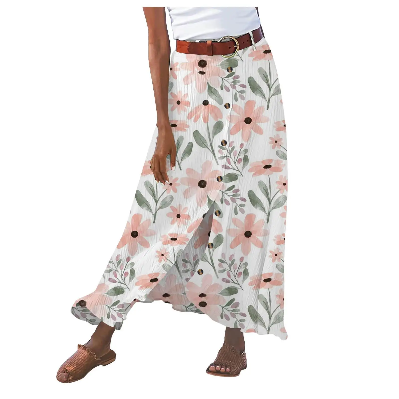 

Women Floral Print Skirt Fashion Spring And Summer New Casual Cotton And Linen Skirt Split A- Line Hip Waist Streetwear Dresses