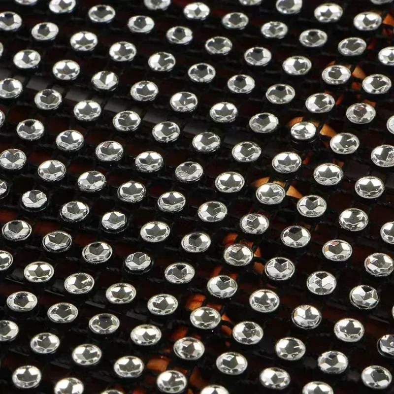 1 Yard Silver Round 24 Rows Black Base Sparkle Rhinestone Crystal Diamond Mesh Wrap Roll Ribbon
