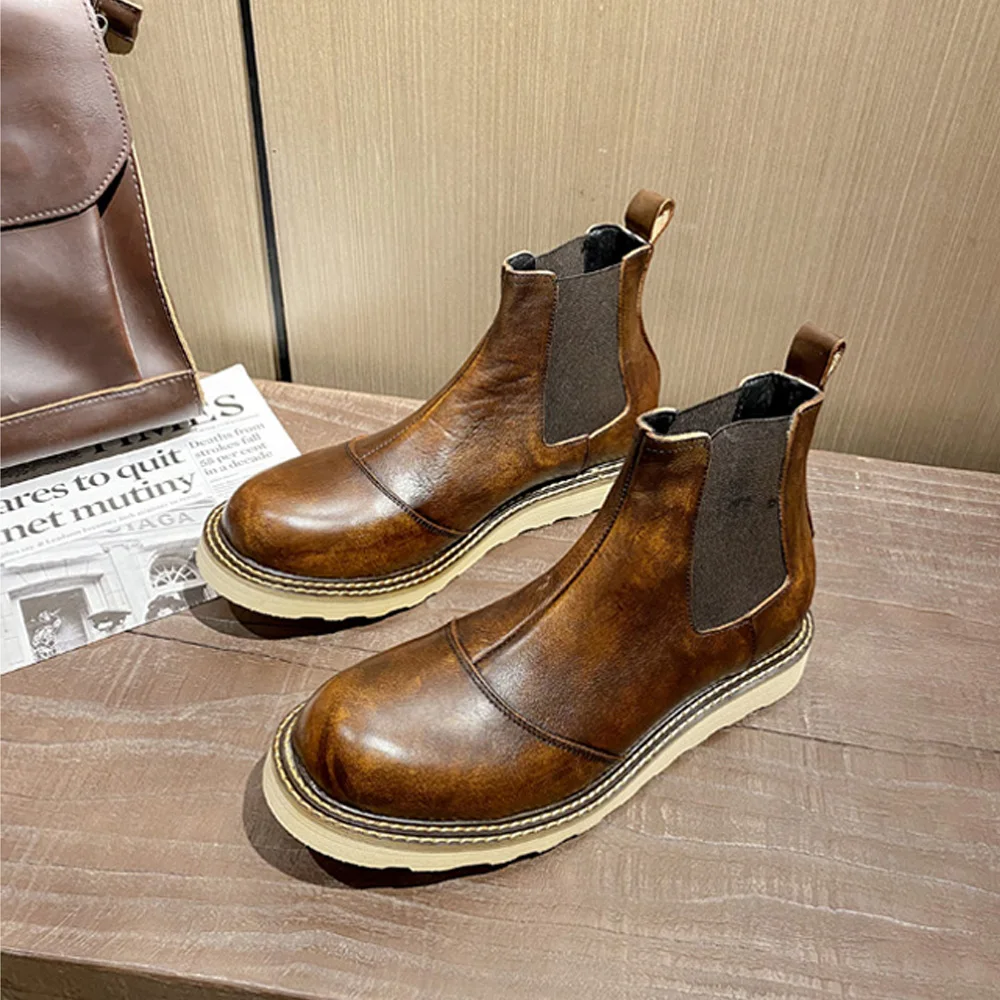 Retro Men's Genuine Leather Chelsea Boots High Top Leather Shoes Outdoor Platform Ankle Western Work Boots Elastic Oxfords - view 3