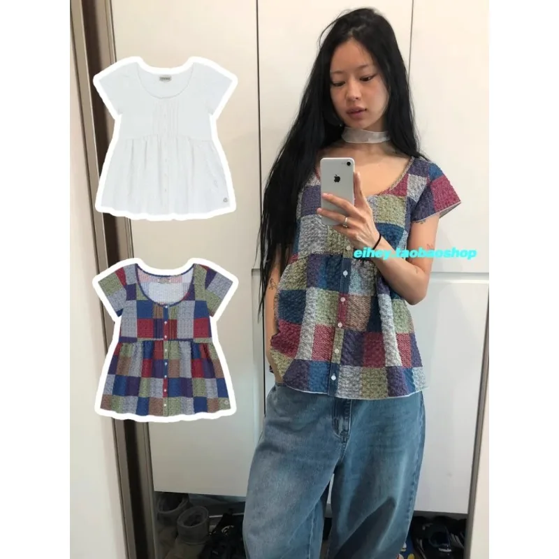 

Women Crop Tops Vintage Korean Retro High Street Color Contrast Loose Shirt Streetwear Tee Shirt