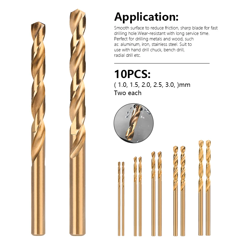 10pcs Twist Drill Bit Set 1.0-3.0mm Metal Stainless Steel Hole Cutter For Wood Metal Drill HSS Cobalt Coated Drill Bit Set