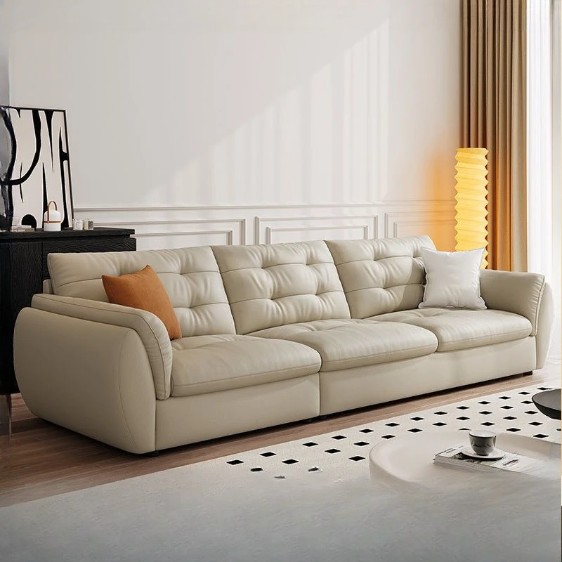 Nordic simple leather art modern light luxury first layer cowhide straight row down cloud leather sofa