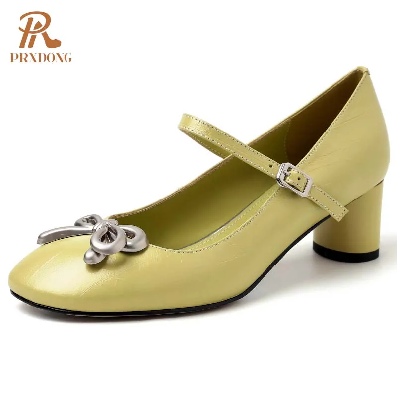 

PRXDONG New Brand Genuine Leather Women Shoes Med Heels Square Toe Black Beige Mary Janes Dress Party Female Pumps Size 33-40