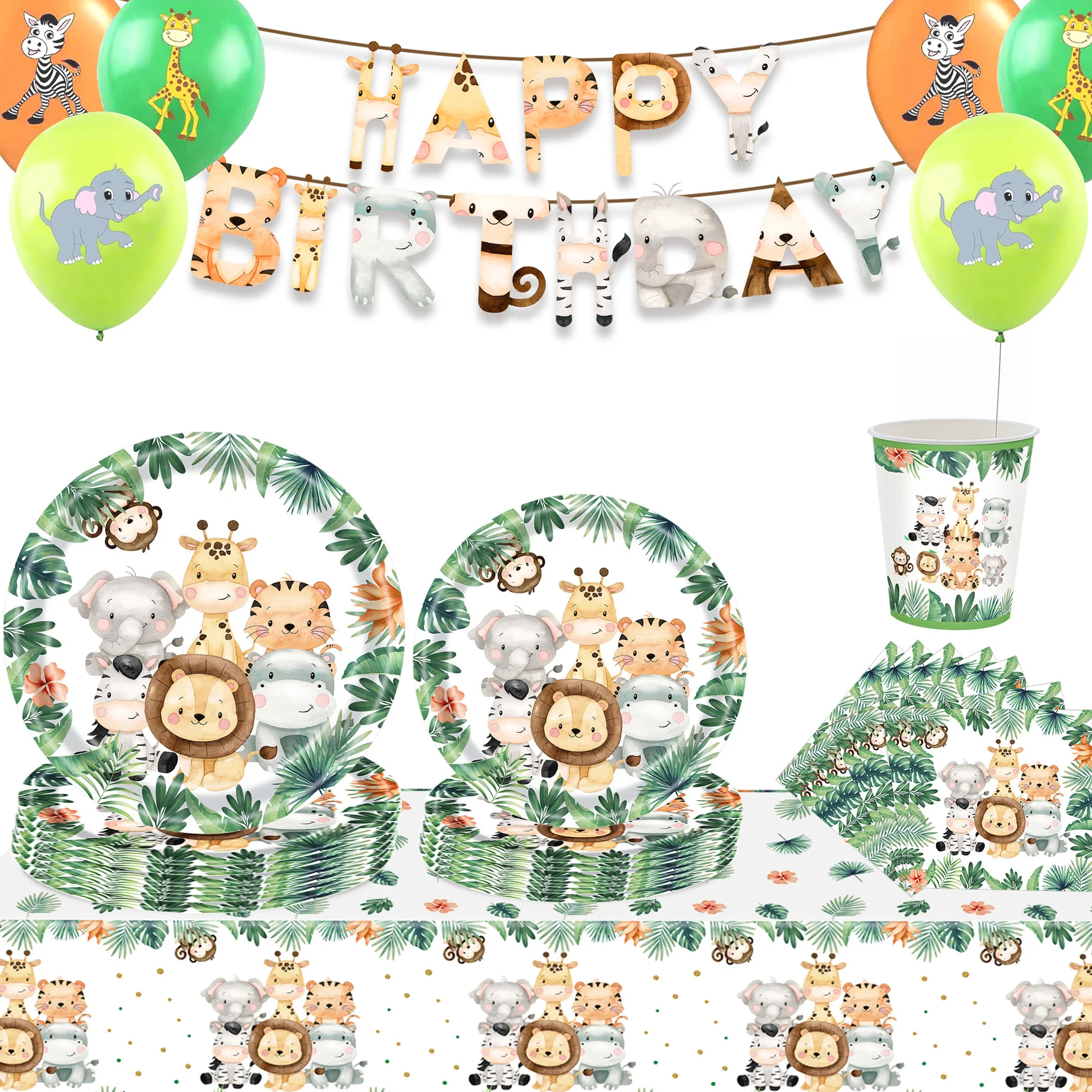 Safari Jungle Animal Birthday Party Decorations, Tableware Kit with Banner Plates Cups Tablecloth for Kids Birthday Party