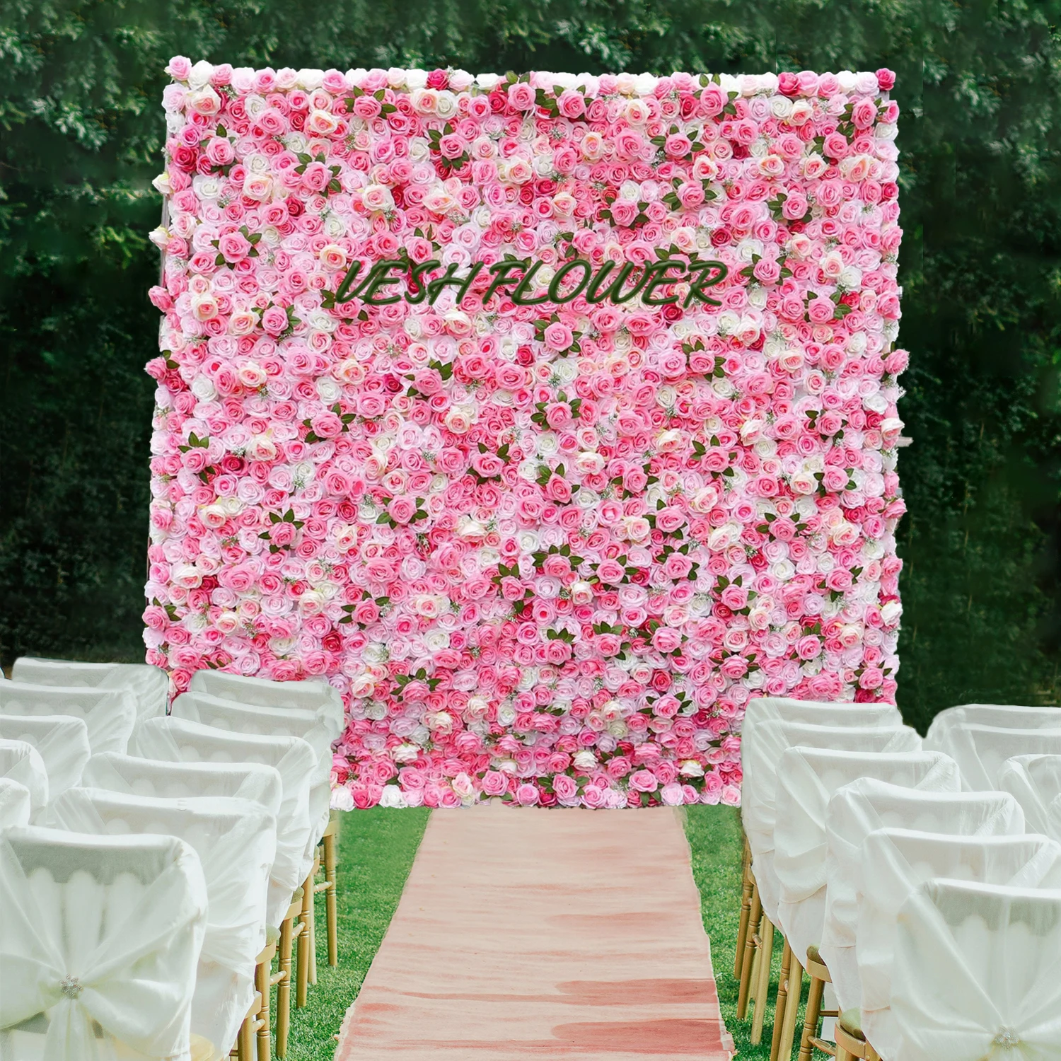 

3D luxury Pink white rose green leaves Curtain Flower Wall Outdoor Wedding Backdrop decor Events Prop Window Display