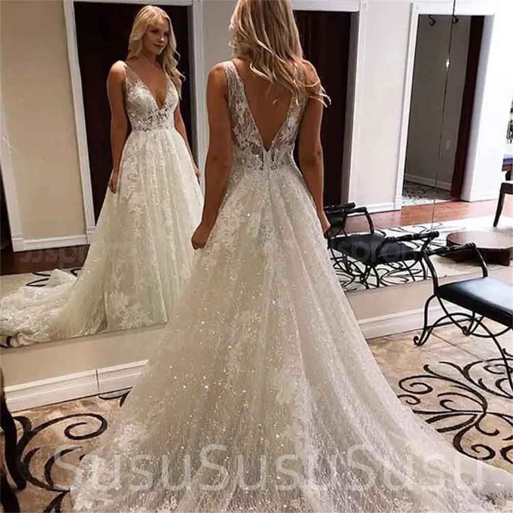 2023 Vestido De Novia Charming Appliques Lace Wedding Dress Elegant Deep V Neck Wedding Gown Beach Bridal Dress Sexy Bridal Gown