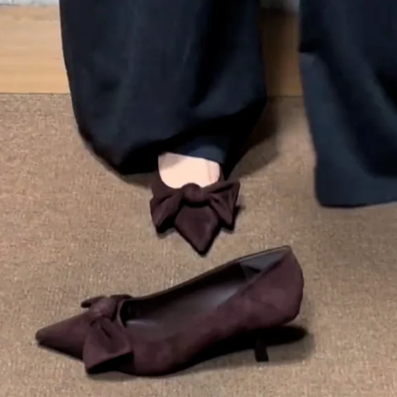 

French Pointed-toe Bow Suede Single Shoe for Women 2025 New Style Slim Heel Versatile and Elegant Commuting Single Shoe