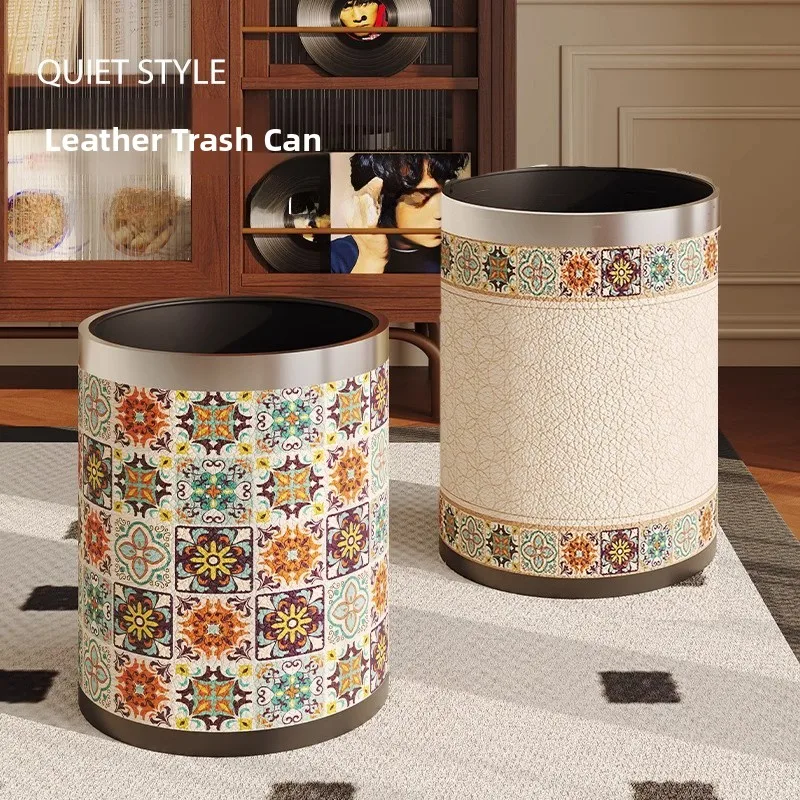 

Большая кожаная мусорная корзина большой вместимости в американском стиле для спальни, кухни, ванной комнаты, домашнего использования, круглая, бочкообразная