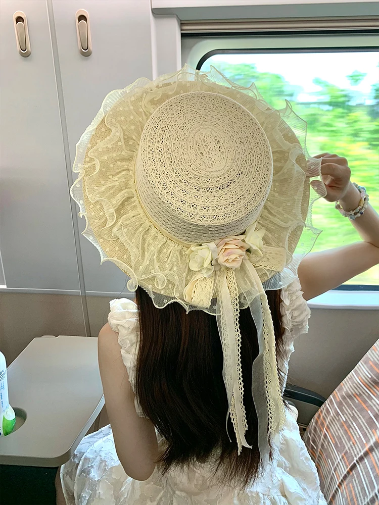 

Lolita Lace Knot Flower Summer Beach St Hat Women's Large Brim Sunade Hat Cute Sweet Sle Beach Scene Hat