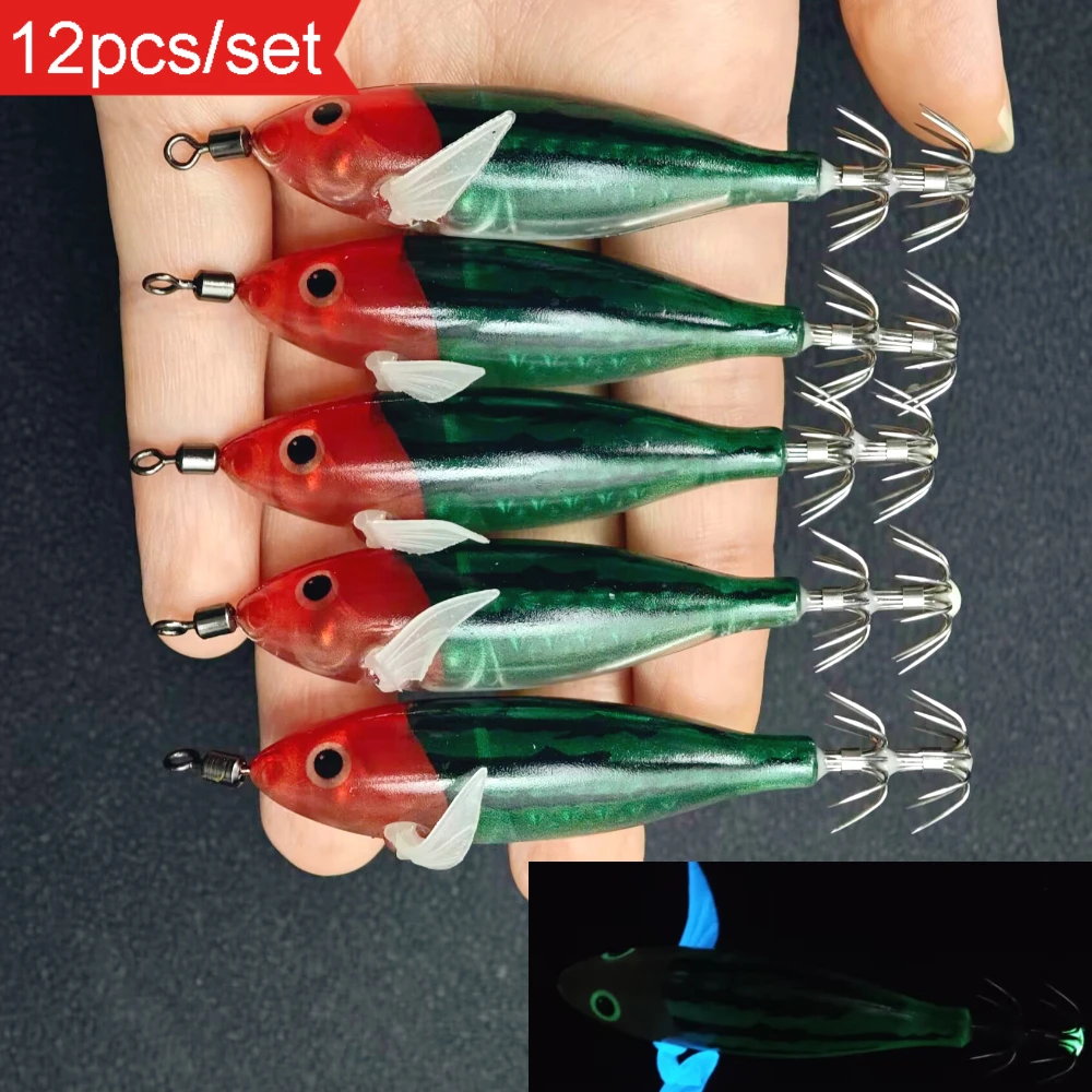 12pcs/set 8cm/ 5.7g Shrimp Luminous Squid Jig Hook Fishing Lures Sea Fishing Accessories Artificial Bait Octopus Lure