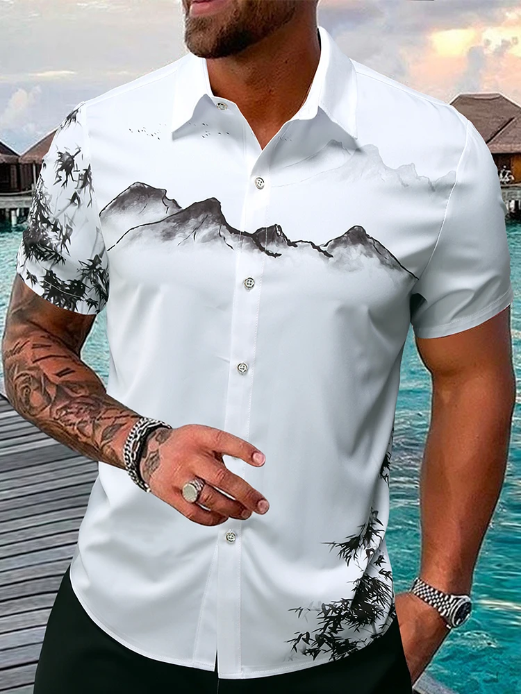 Men\'s summer short sleeved casual button up shirt, lapel shirt, white shirt