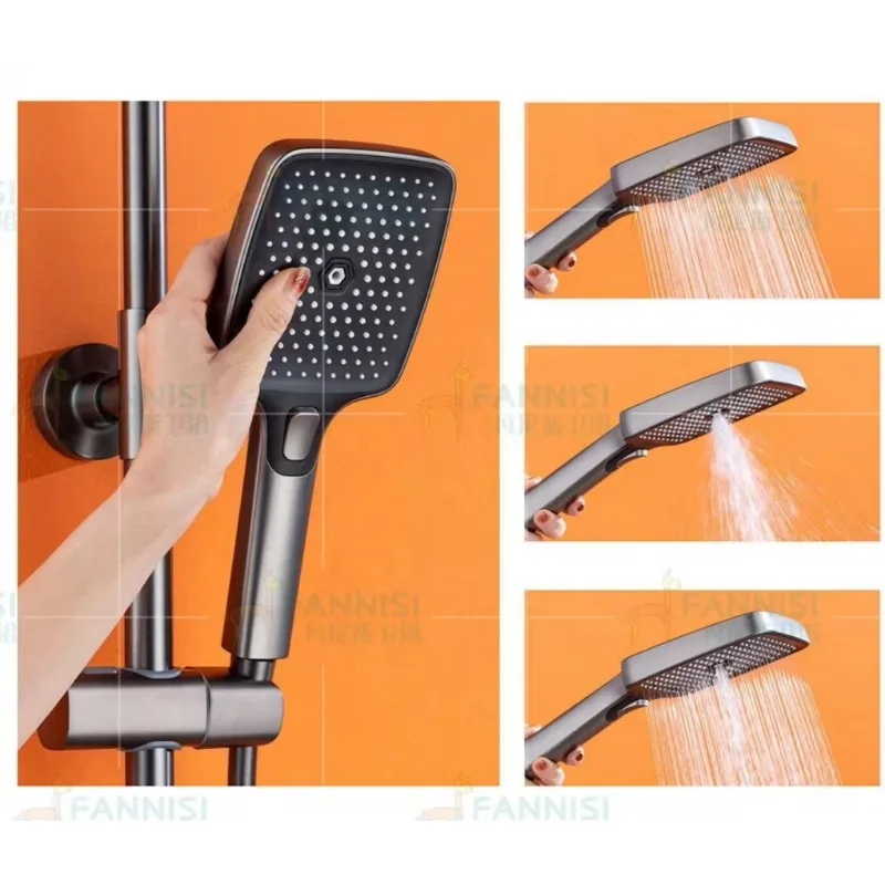 Elegant Triple Function Rainwater Bathroom Waterfall Shower Set System Piano Button/Filtered Shower Head Brass Shower Mixer Set