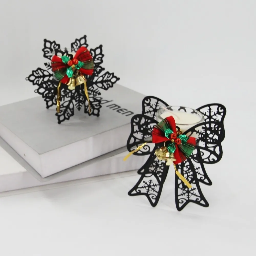 Deer Elk Christmas Candle Holder Snowflake Bell Xmas Desk Decoration Hollowed-out Bow Christmas Ornaments Dining Table