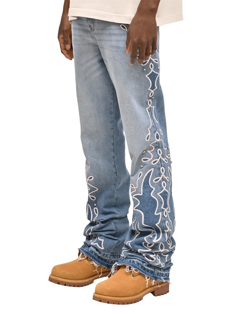 Vintage Embroidery Straight Denim Pants Trend Male Punk Style Wide Leg Jeans Streetwear Four Seasons Daily Casual Trousers 2025