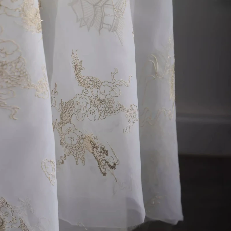 刺繍入りライトガーゼ透明生地ドラゴンパターン縁起の良い雲パビリオンドレス中国漢服デザイナー生地
