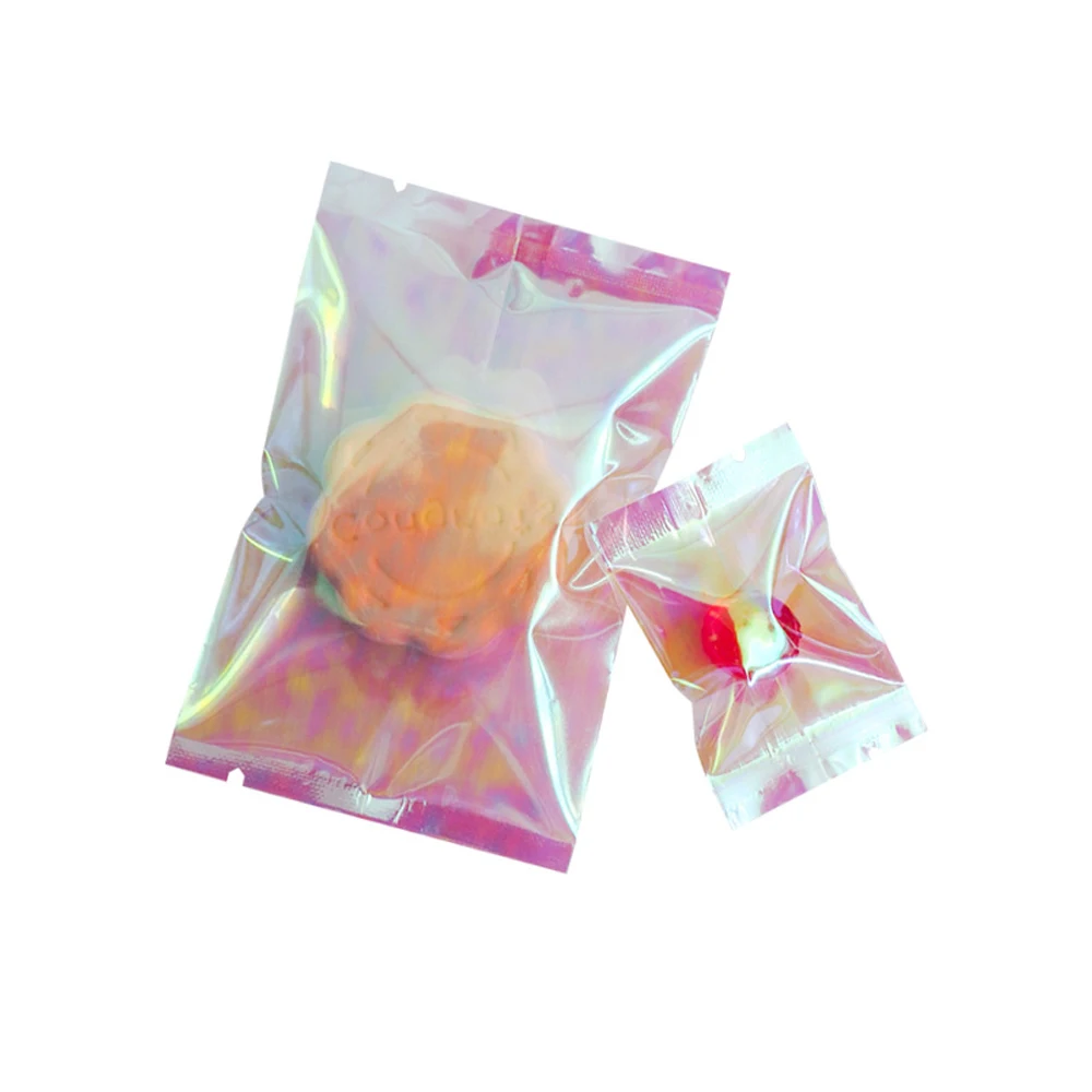 100Pcs/Lot Clear Glittery Rainbow Plastic Open Top Bag Heat Vacuum Seal Tear Notch Disposable Food Coffee Bean Packing Pouches