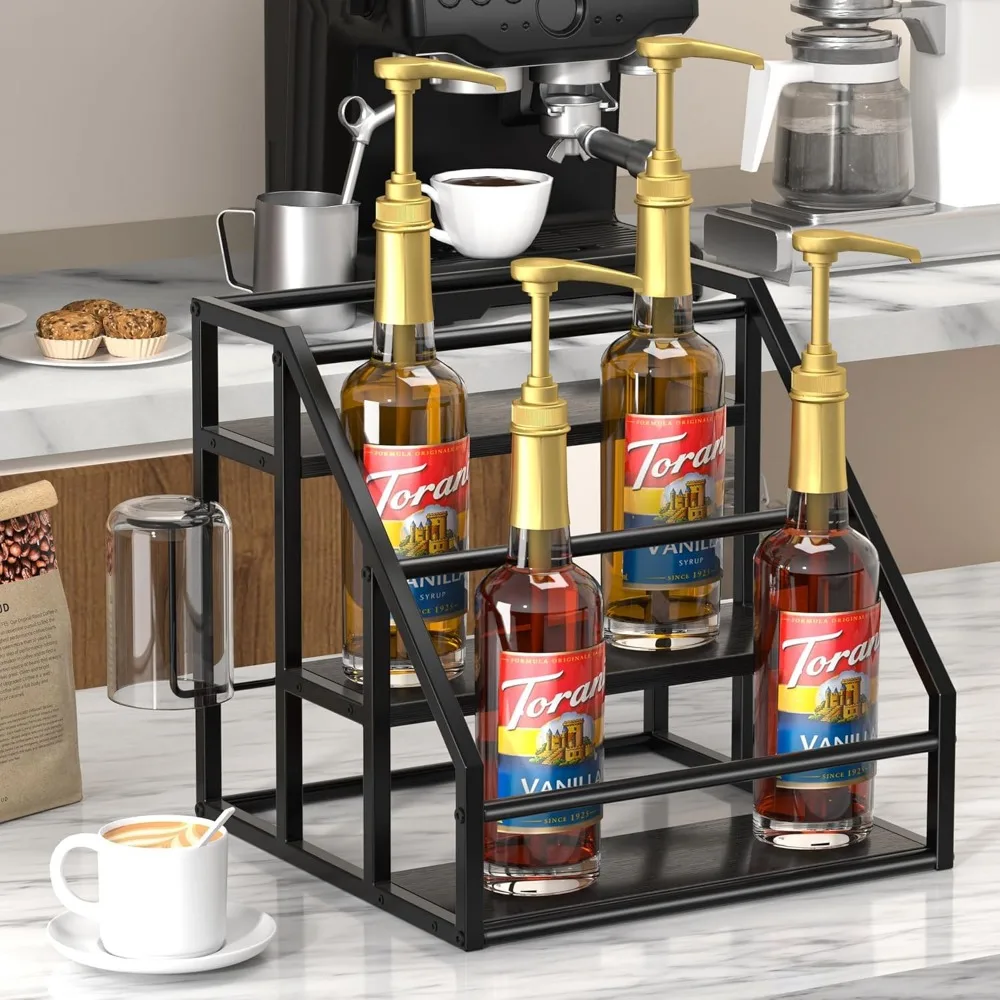 3-Tier Syrup Bottle Holder Stand, Spice Rack Organizer for Kitchen Countertop, Black