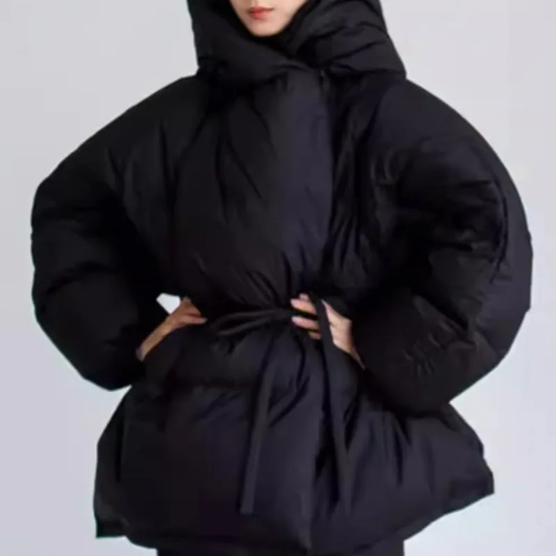 [EWQ] Kapuzen-Schnür-Design, schwarzer Baumwoll-gepolsterter Mantel, Dicke, warm halten, Oberteile, Damen-Winter-Parkas, Mäntel, 2024, Herbstflut,