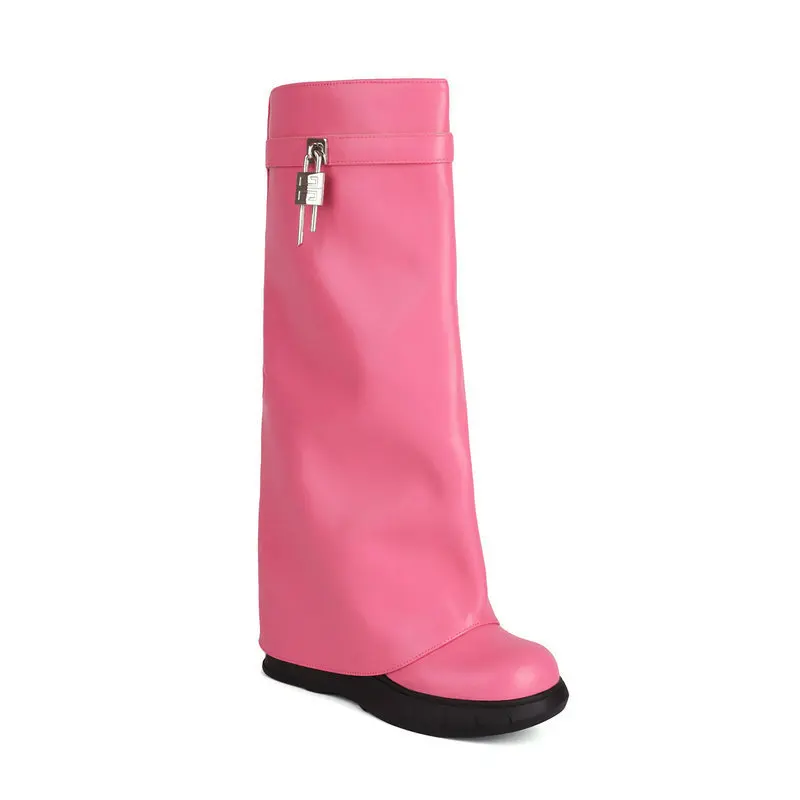 2024 Vulcanized Shoes Fashion Shark Lock White Platform Women's Knee High Boots Knight Trouser Boots