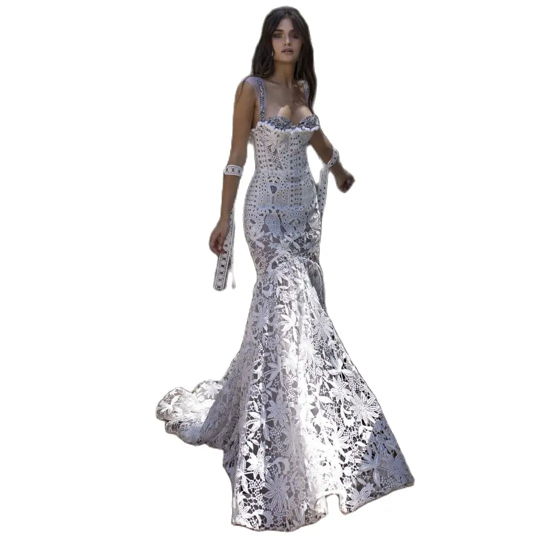 جديد حورية البحر فستان الزفاف زهرة الخرز الحبيب فساتين حفلات الرقبة فستان زفاف سستة فرشاة قطار الجلباب دي ماري حجم مخصص