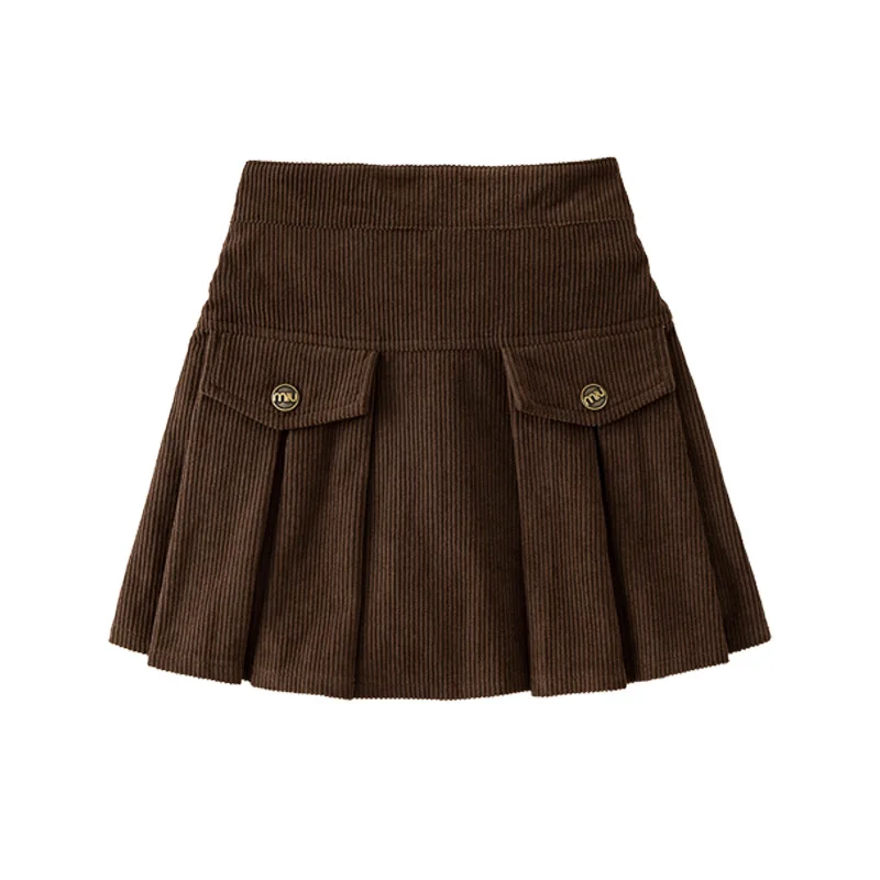 

Children's Short Skirt High-waisted Maillard Vintage College Style Pleated Skirt for Girls Autumn Winter Corduroy A-line Skirt