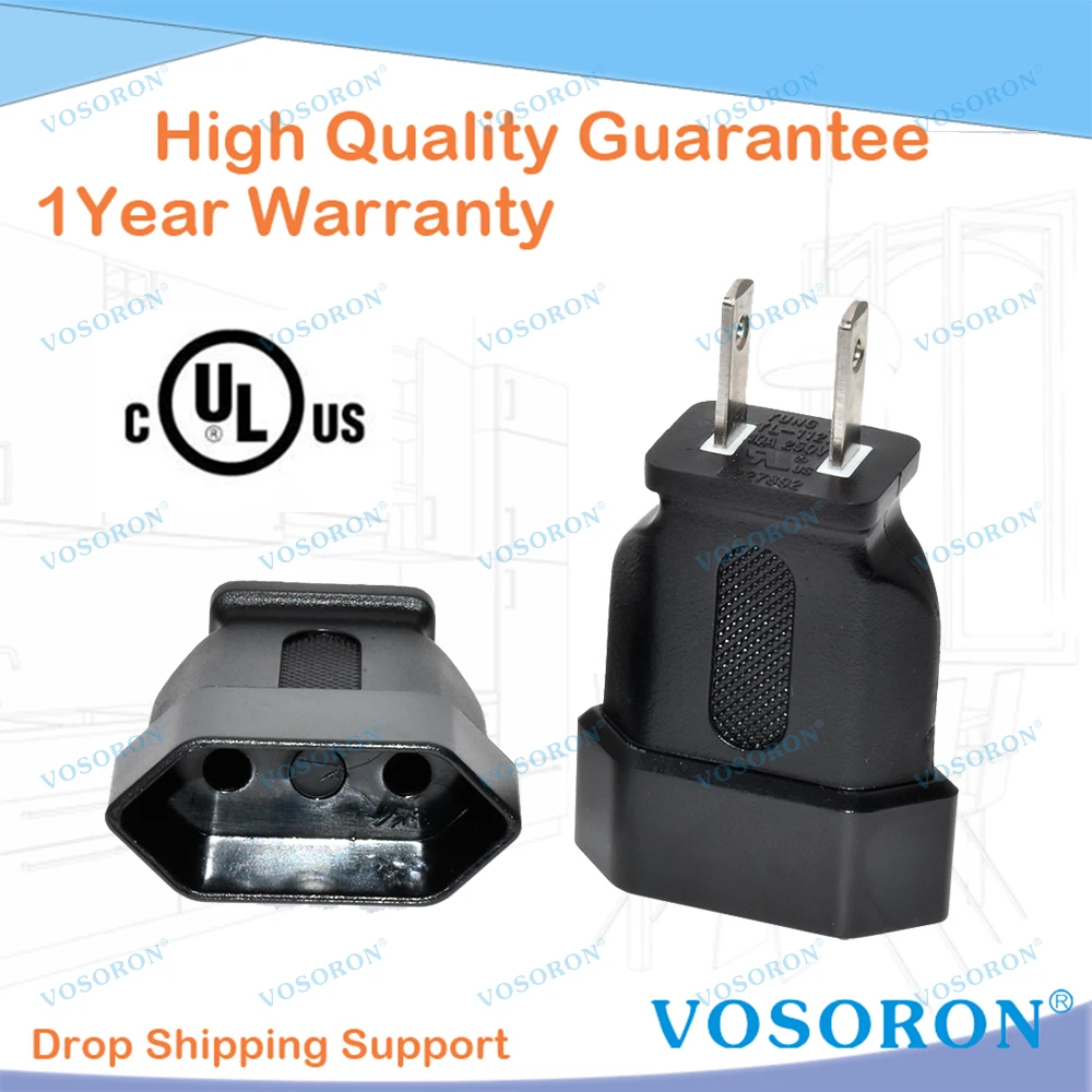 EU 2-Pin to US 2-Pin Plug Adapter, Type C Euro Socket to Type A US Plug Converter, 10A 250V Travel Power Adapter
