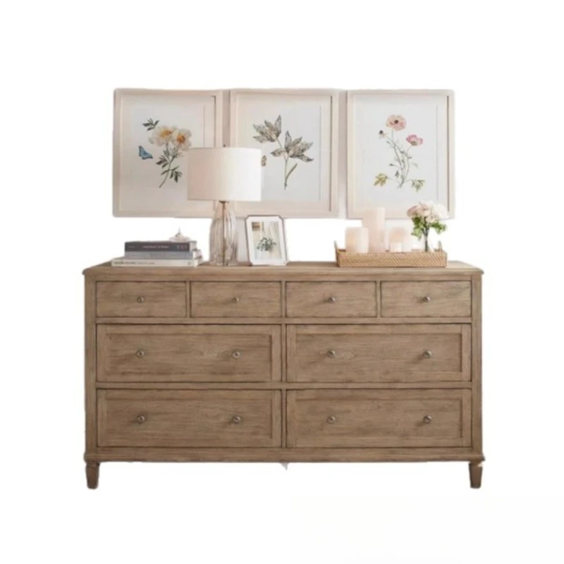 American vintage solid wood chest of drawers, natural wood color, entryway storage cabinet, bedroom storage bedside chest