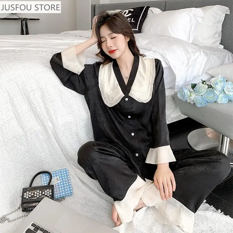 

Женский пижамный комплект из ледяного шелка с длинными рукавами, милая домашняя одежда для девочек, высококачественные жаккардовые пижамы с рюшами, одежда для сна