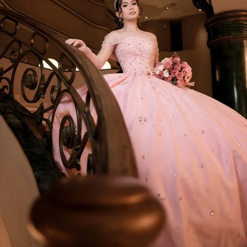 

Pink Quinceanera Dress off-shoulder crystal Lace glitter decal Long tail vestidos de 15 Quinceanera ﻿Customize