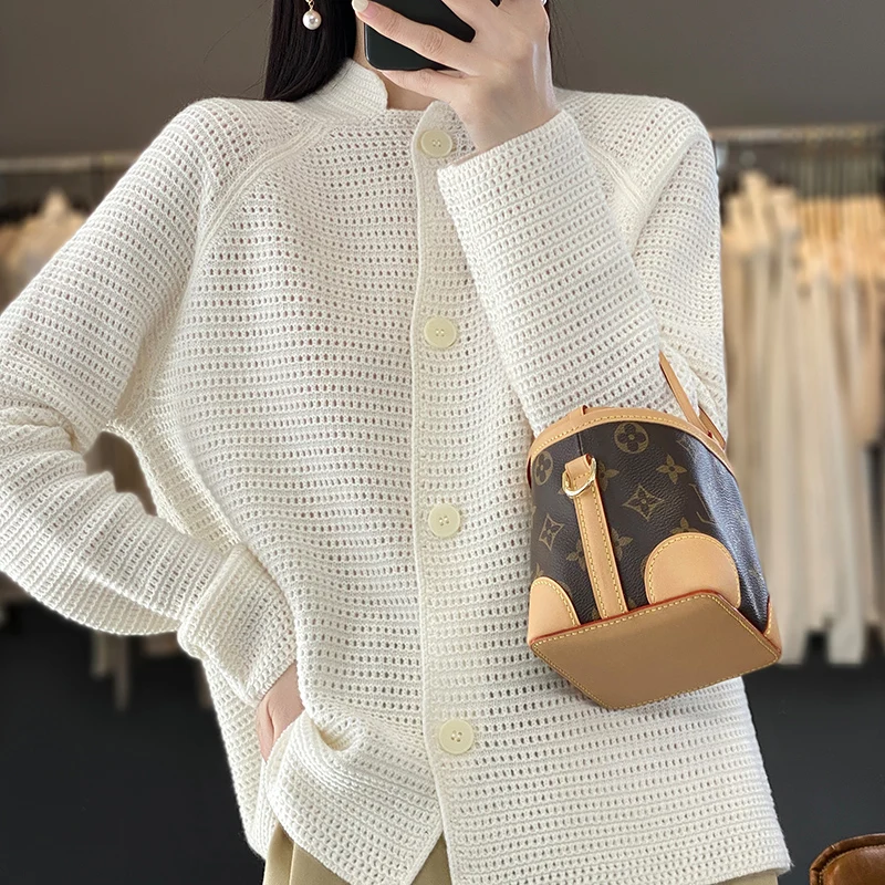 100% Cashmere Women Sweater Autumn Spring New Standing Collar Hollow-out Cardigan Fashion Casual Knitted Soft Jacket Tops