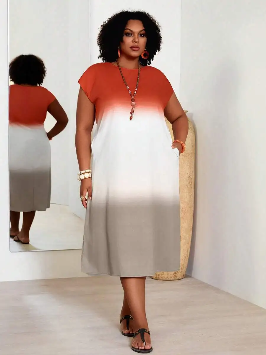 

Plus Size Women Short Sleeve O-Neck Gradient Print Beach Dress With Pocket