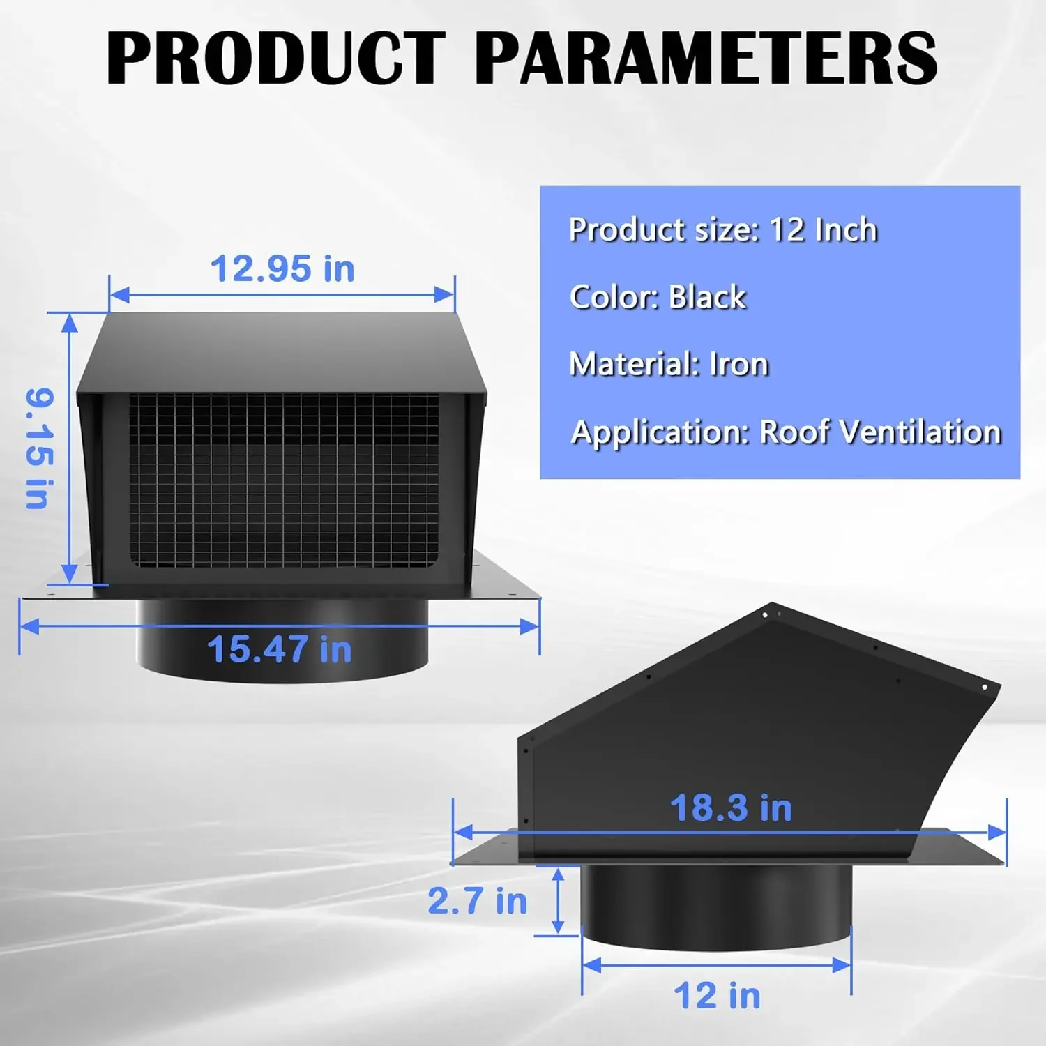 Roof Vent Cap 12 Inch Removable Rooftop Black Exhaust Iron Vent Cap with Damper for Ventilation System High-quality Material