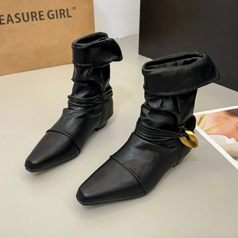 

Designer 2025 New Ankle Boots Women Heeled Shoes Elegant Winter Chelsea Fashion Boots Pleated Retro Woman Shoes Party Zapatos