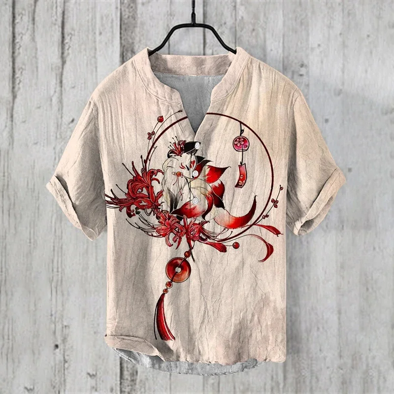 New 2024 fashion Mens Casual v-neck Shirt short Sleeve Band Collar Henley Shirt fashion art illustration print Tops