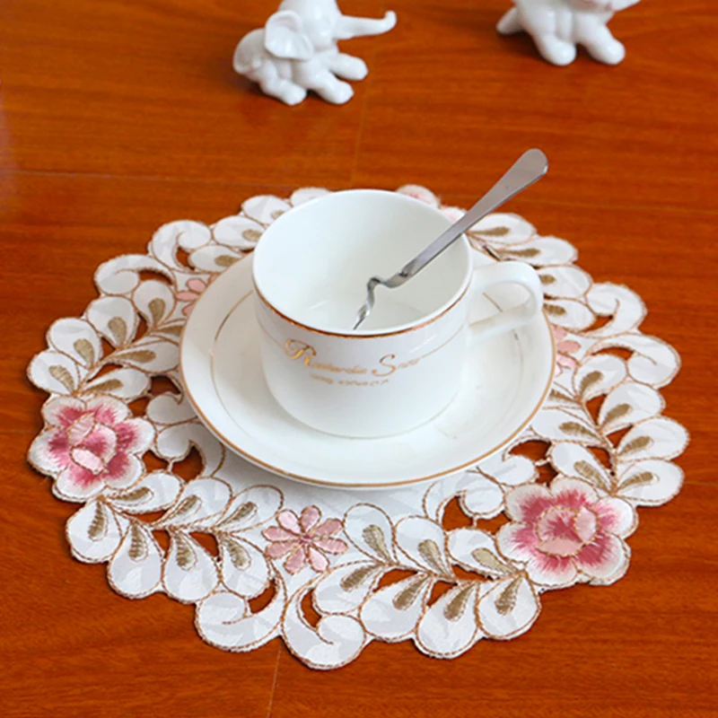 1pc Satin Rose Flower Embroidery Place Table Mat Cloth Pad Cup Doily Napkin Coaster New Year Placemat Christmas Wedding Kitchen