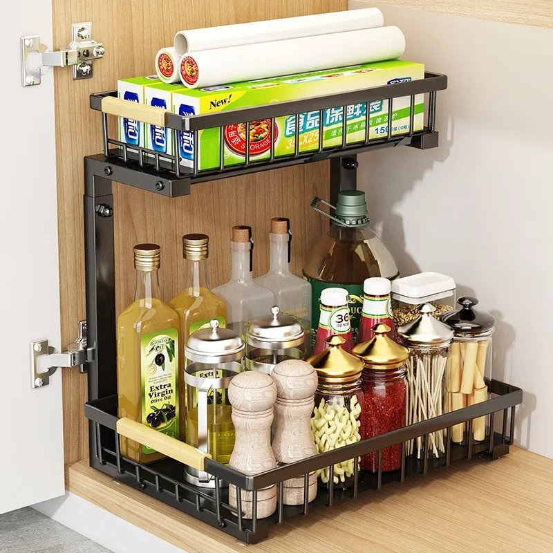 Carbon Steel Pull-Out Shelving for Kitchen Sink, Adjustable Double-Decker Cabinet with Stratified Storage, Drawer Organizer