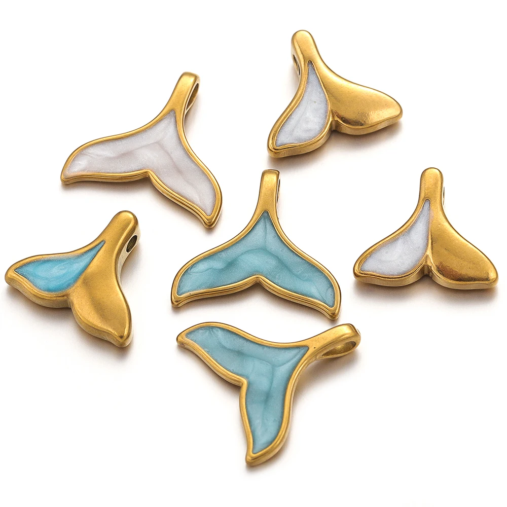 5pcs Stainless Steel Gold Plated Enamel Drip Oil Blue Mermaid Whaletail Shape Cute Charm for DIY Craft Jewelry Making Supplies