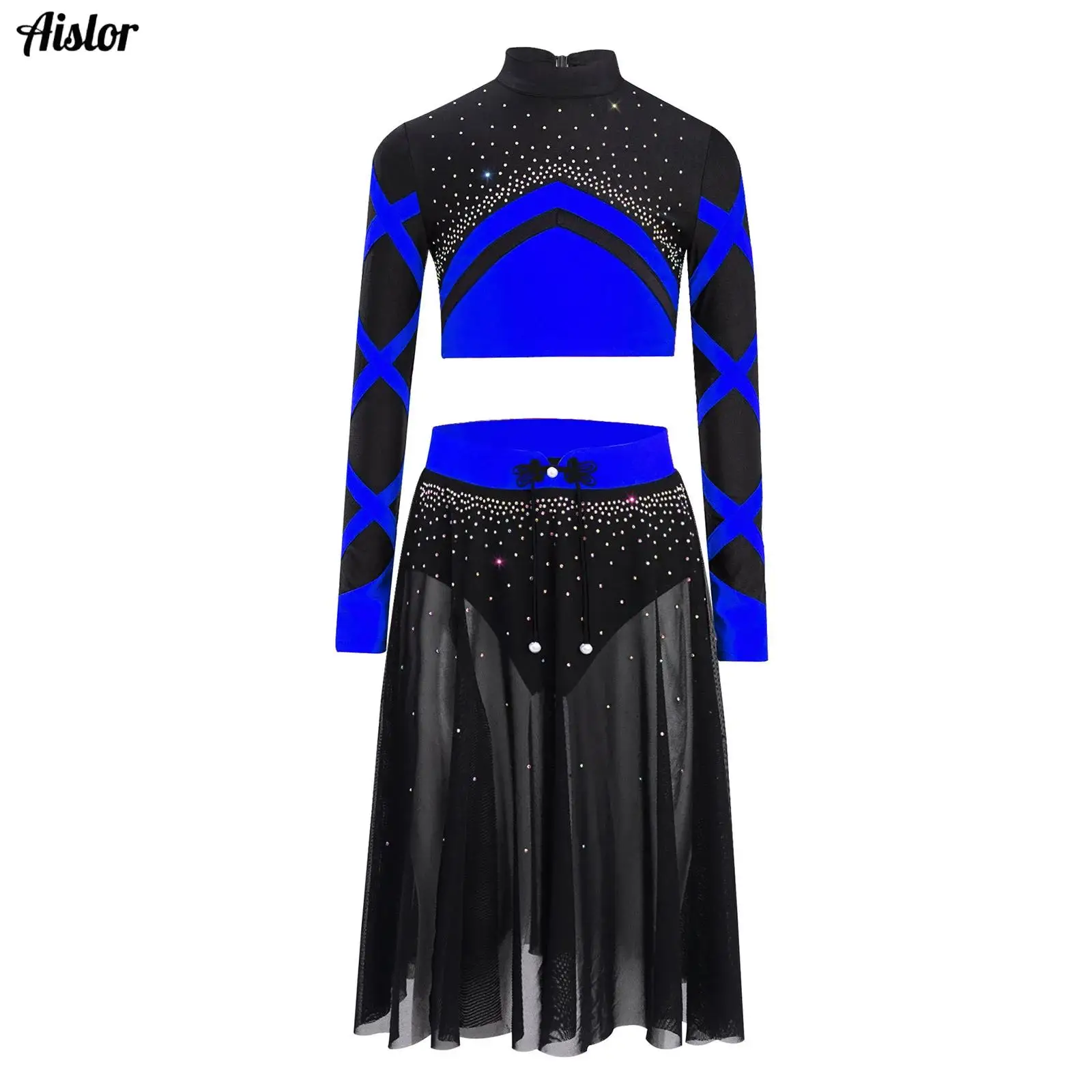 

Kids Girls Color Block Dance Outfit Long Sleeve Keyhole Back Shiny Rhinestones Crop Top with Knot Button Side Split Mesh Skirt