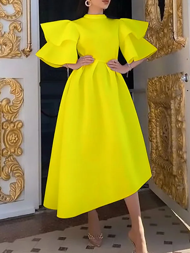 African women's summer new fashion double layered ruffle sleeves solid color grand display European and American dress dress