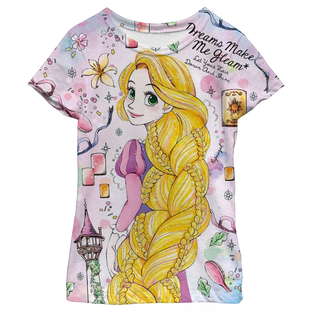 Nueva camiseta con estampado de sirena de princesa Ariel, camiseta informal de verano Harajuku para niñas, camiseta de Disney con estampado de princesa de pelo largo para niñas