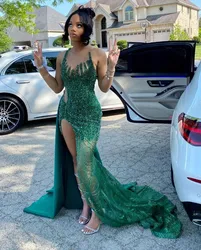 Emerald Green Long Sparkly Evening Ceremony Dresses For Black Girl 2025 Gillter Crystal Applique Slit Prom Birthday Dress