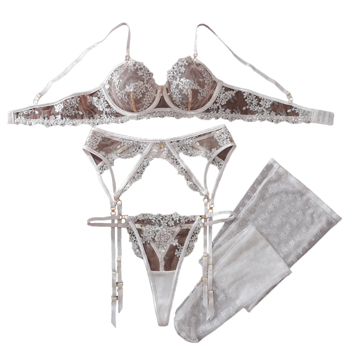 Conjunto blanco Sexy y romántico para mujer, bordado Floral, anillo de acero, ropa interior moldeadora, conjunto de ropa interior Sexy con medias