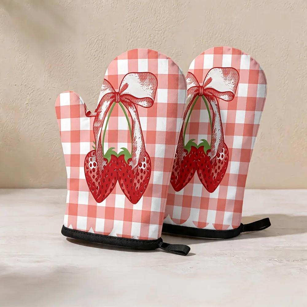 A Set of 2 Strawberry Ballet-themed Oven Mitts, Featuring a Pink and White Checkered Pattern with a Red Strawberry Bow Design