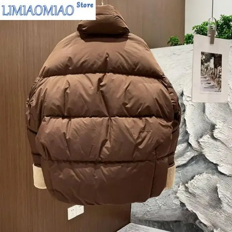 Winter Women Down Coats Streetwear Leather Jackets Short Puffer Jacket Fleece Thick Warm Windproof Outerwear Luxury Brand Parkas