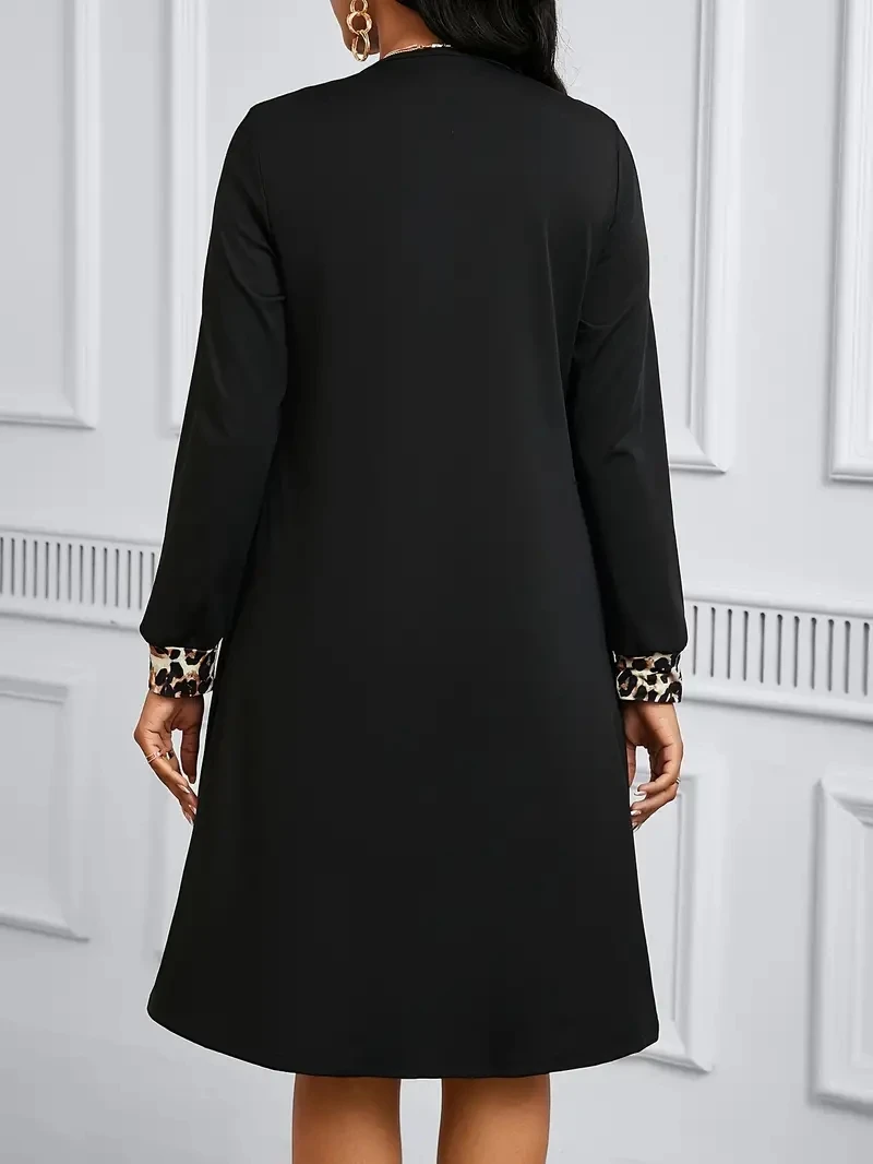 ชุดเดรสแขนยาวสองชั้นสำหรับวันหยุดพิมพ์ลายเสือดาวฤดูใบไม้ร่วงและฤดูหนาว