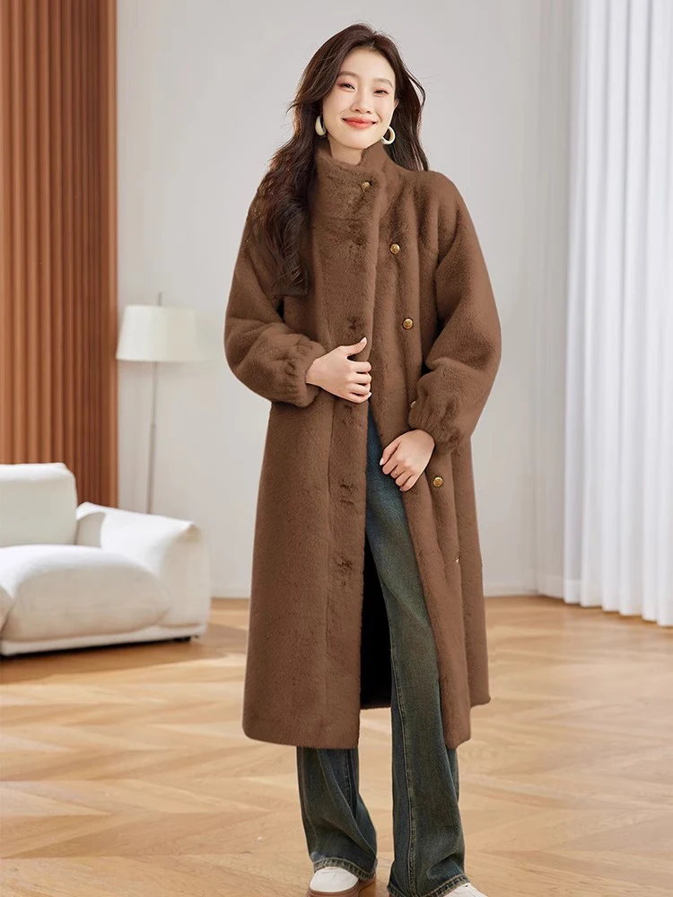 New Women Autumn Winter Thick Overcoat Fashion Stand Collar Single Breasted Wide-waisted Long Coat Casual Loose Warm Coat